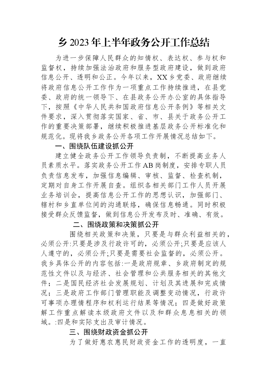 乡2023年上半年政务公开工作总结.docx,第1页预览