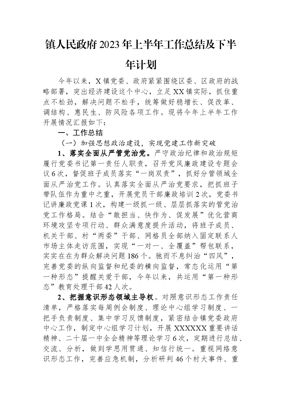 镇人民政府2023年上半年工作总结及下半年计划.docx,第1页预览