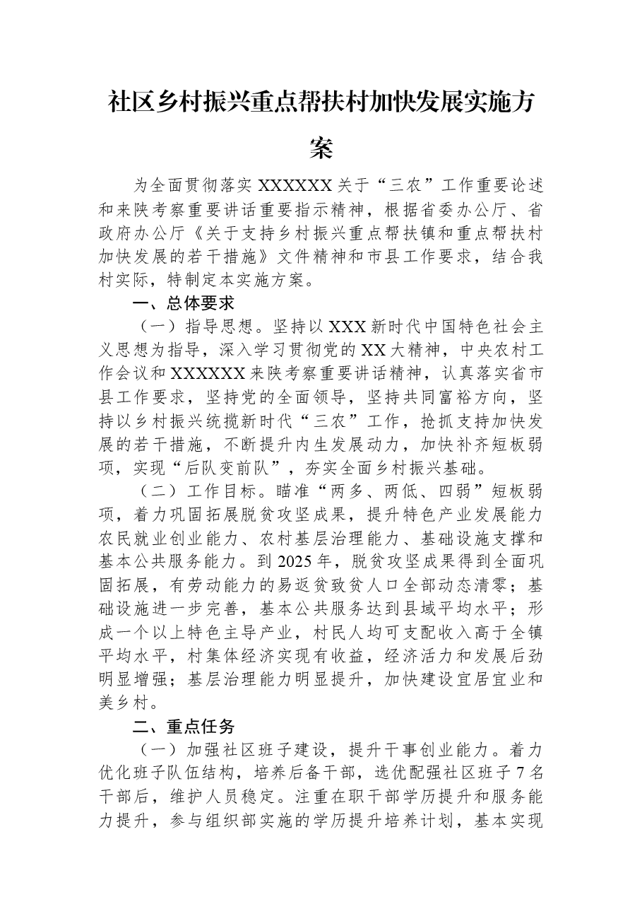 社区乡村振兴重点帮扶村加快发展实施方案.docx，第1页预览
