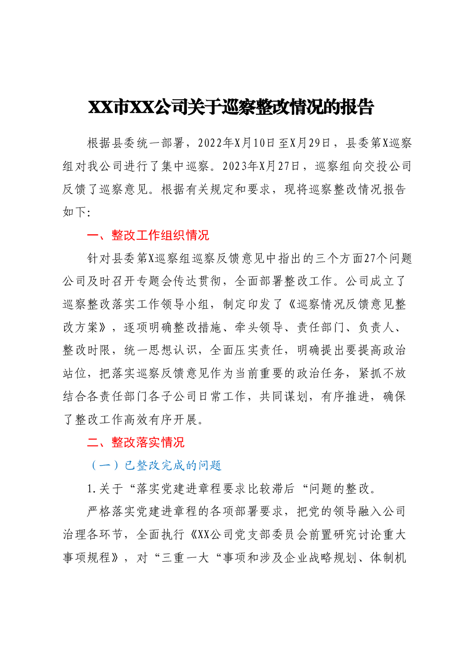 XX市XX公司关于巡察整改情况的报告.docx，第1页预览