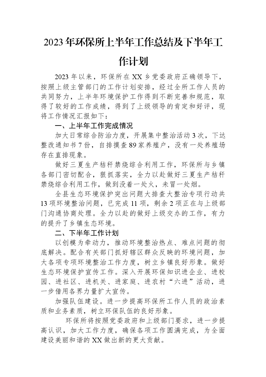 2023年环保所上半年工作总结及下半年工作计划.docx，第1页预览