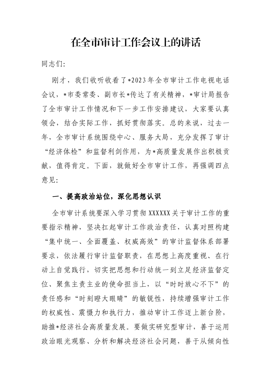 在全市审计工作会议上的讲话.docx,第1页预览