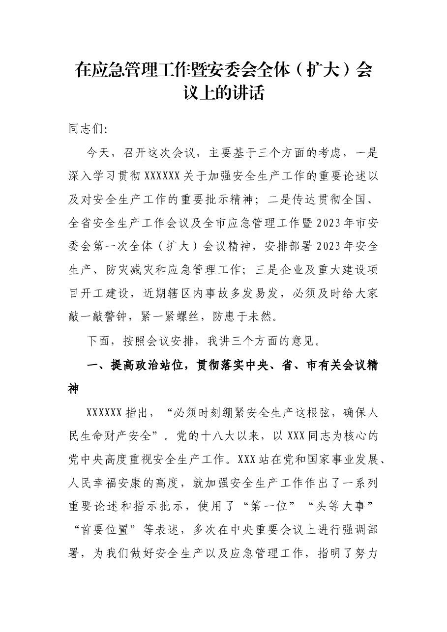在应急管理工作暨安委会全体(扩大)会议上的讲话.docx,第1页预览