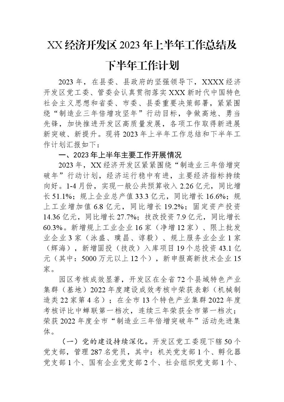 XX经济开发区2023年上半年工作总结及下半年工作计划.docx,第1页预览