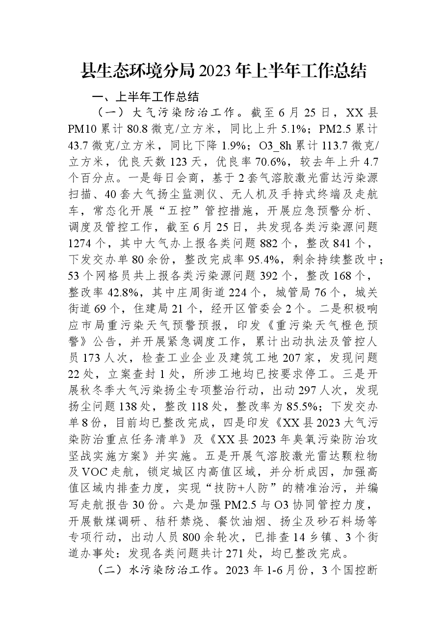 县生态环境分局2023年上半年工作总结.docx,第1页预览