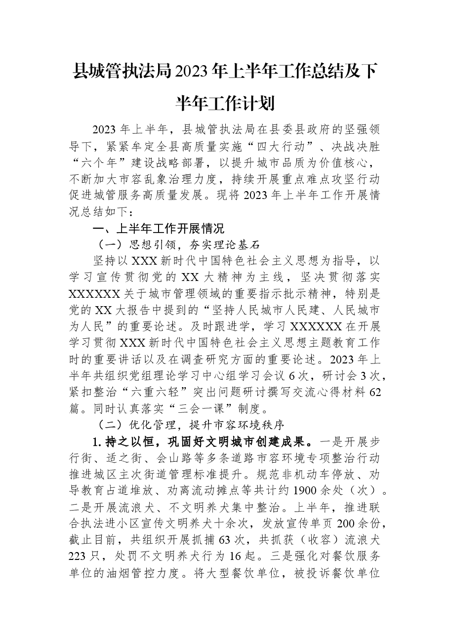 县城管执法局2023年上半年工作总结及下半年工作计划.docx,第1页预览