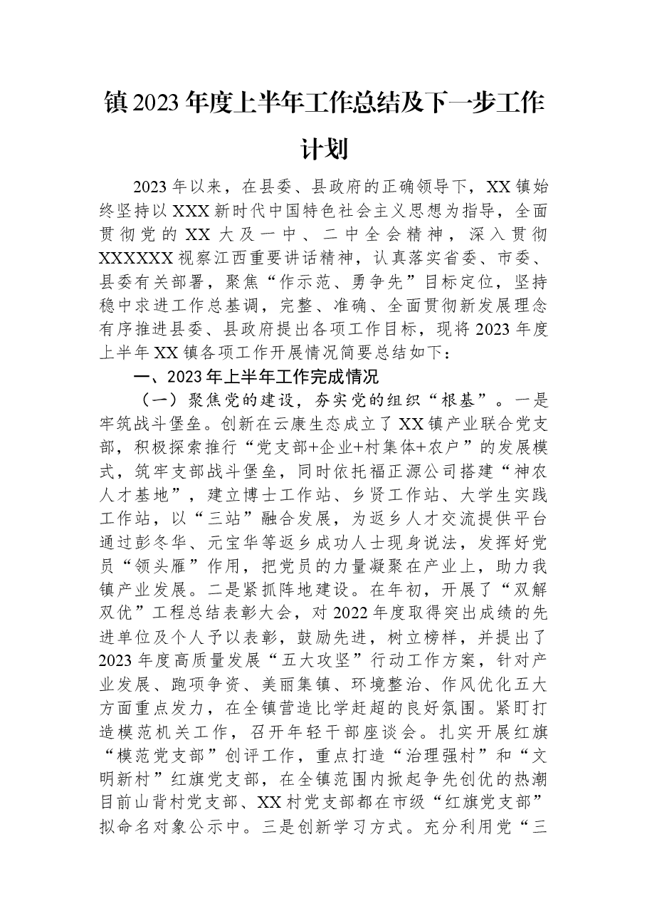 镇2023年度上半年工作总结及下一步工作计划.docx,第1页预览