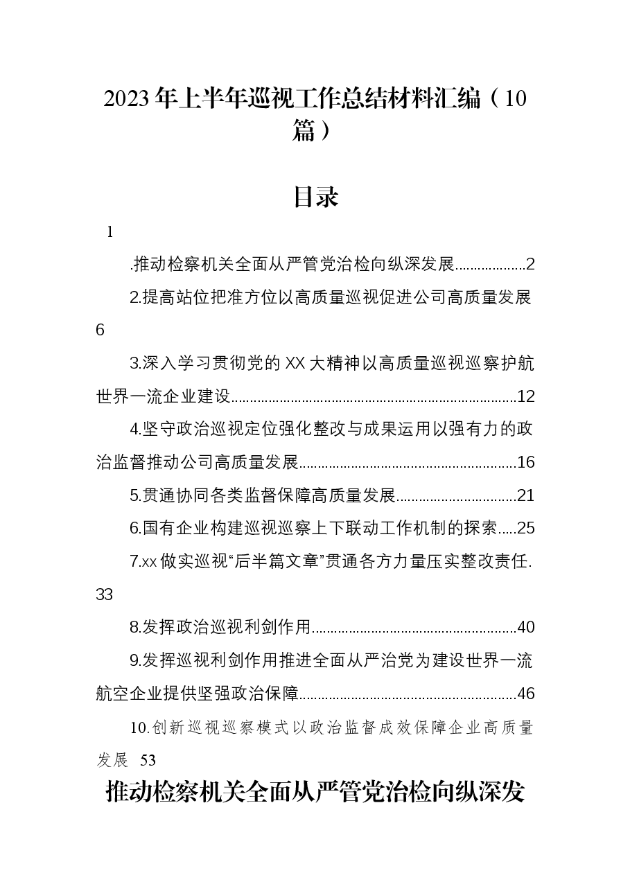 （10篇）2023年上半年巡视工作总结材料汇编.docx，第1页预览