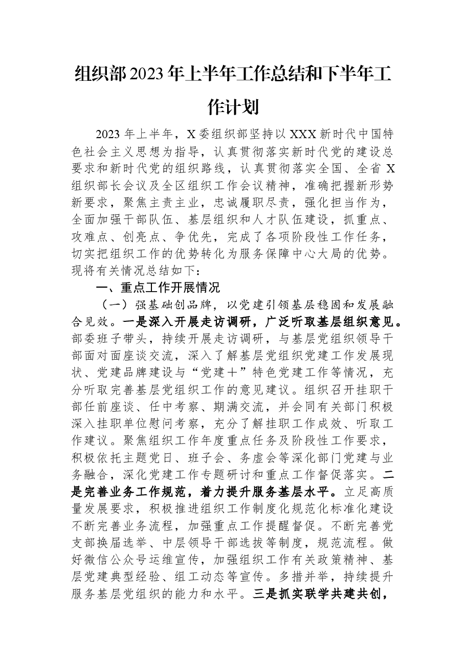 组织部2023年上半年工作总结和下半年工作计划.docx,第1页预览