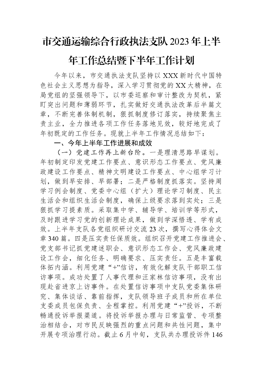 市交通运输综合行政执法支队2023年上半年工作总结暨下半年工作计划.docx,第1页预览