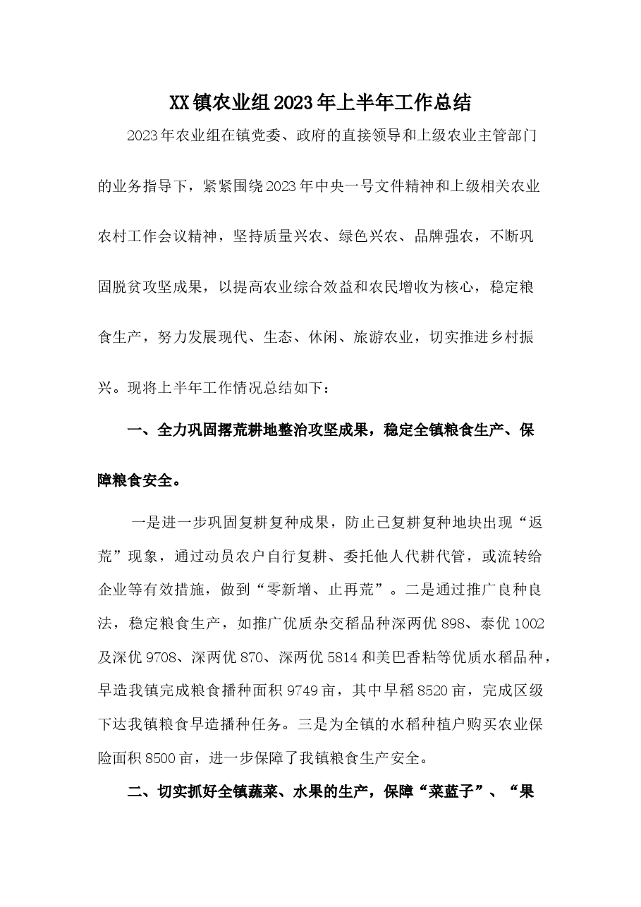 XX镇农业组2023年上半年工作总结.docx,第1页预览