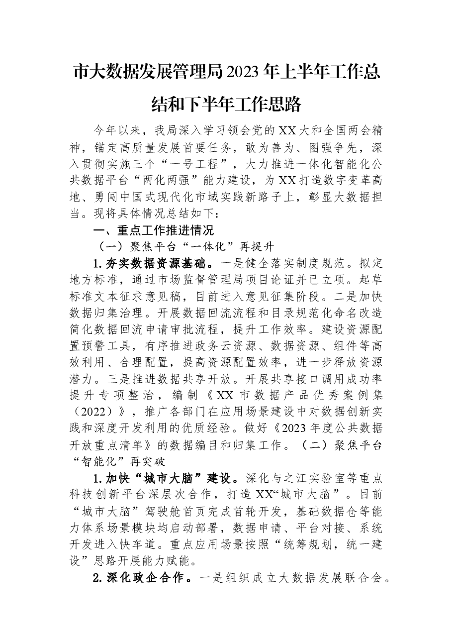 市大数据发展管理局2023年上半年工作总结和下半年工作思路.docx,第1页预览