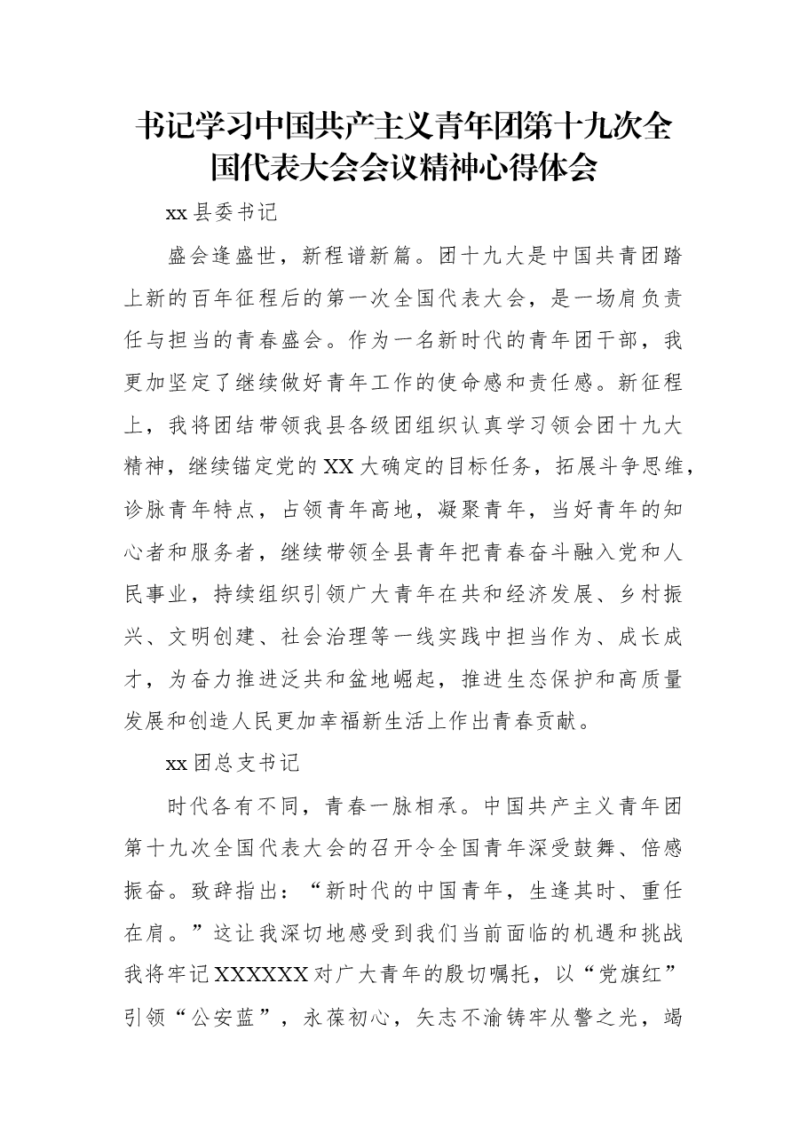 书记学习中国共产主义青年团第十九次全国代表大会+会议精神心得体会.docx，第1页预览