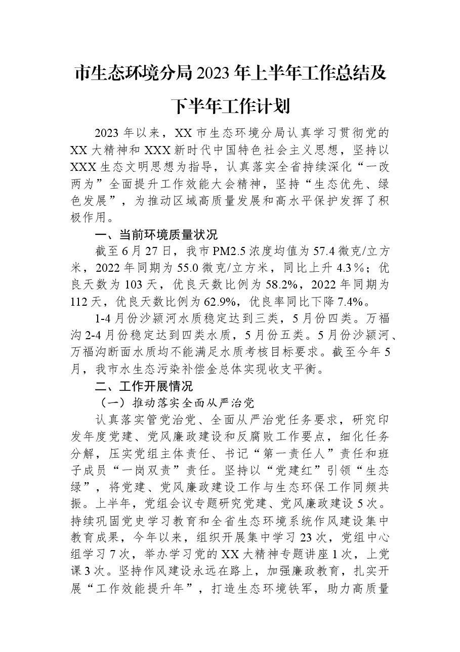 市生态环境分局2023年上半年工作总结及下半年工作计划.docx,第1页预览