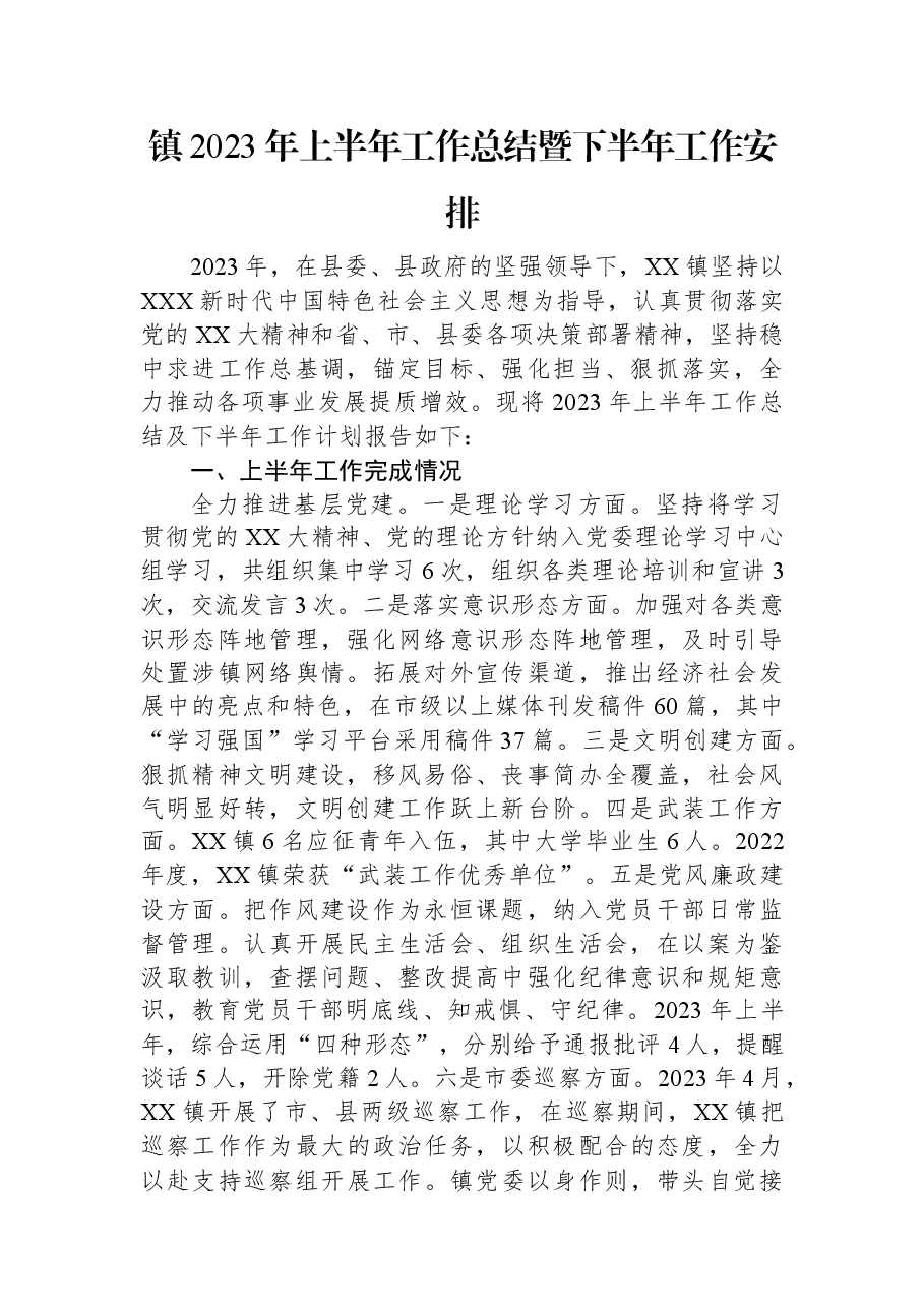 镇2023年上半年工作总结暨下半年工作安排.docx,第1页预览