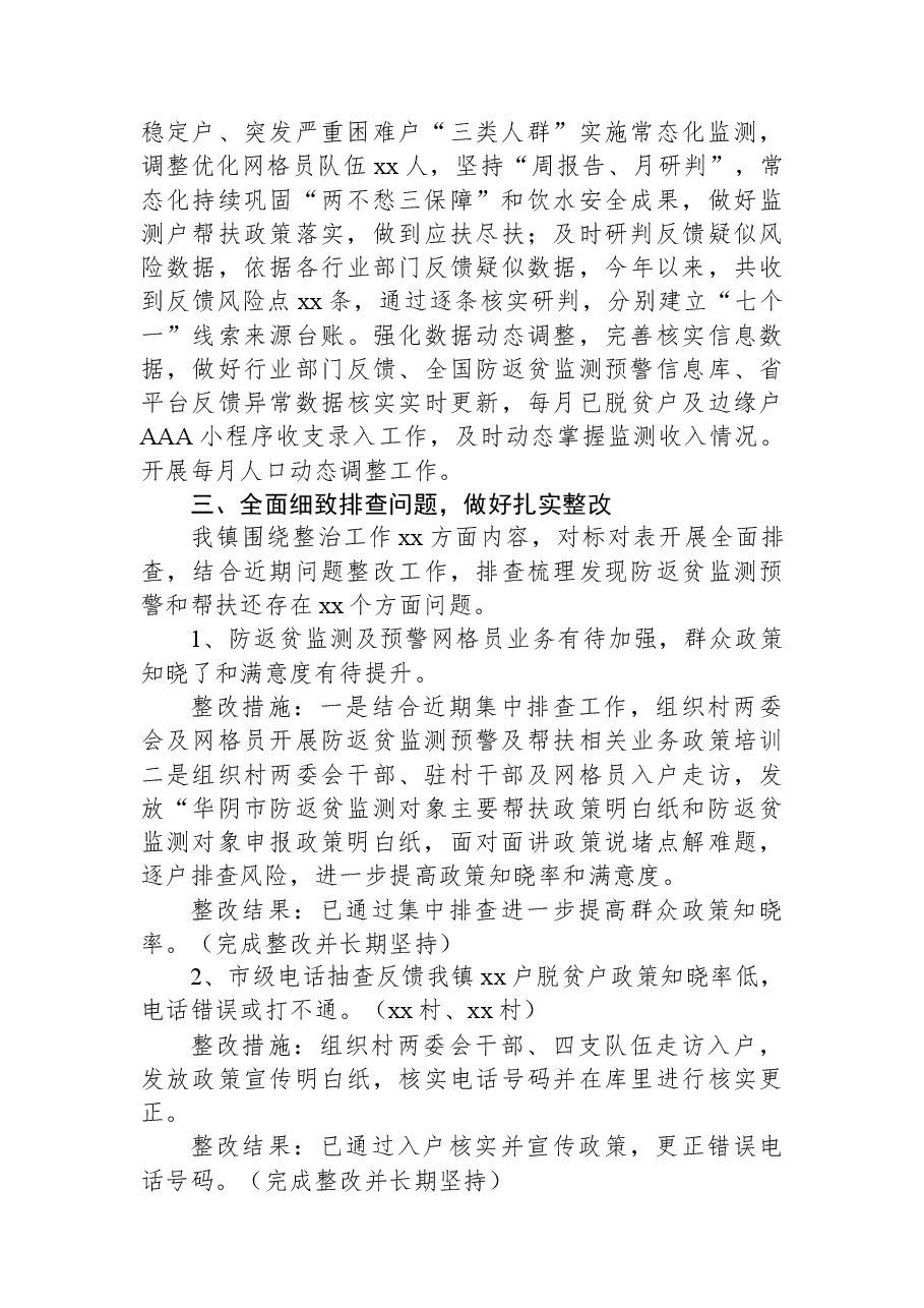 关于XX镇防返贫监测和帮扶专项整治工作开展情况报告.docx,第2页预览