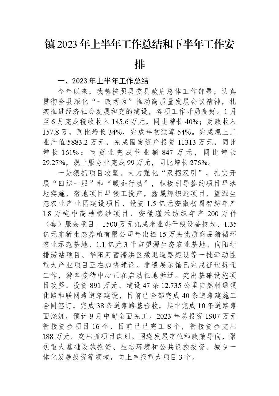 镇2023年上半年工作总结和下半年工作安排.docx,第1页预览