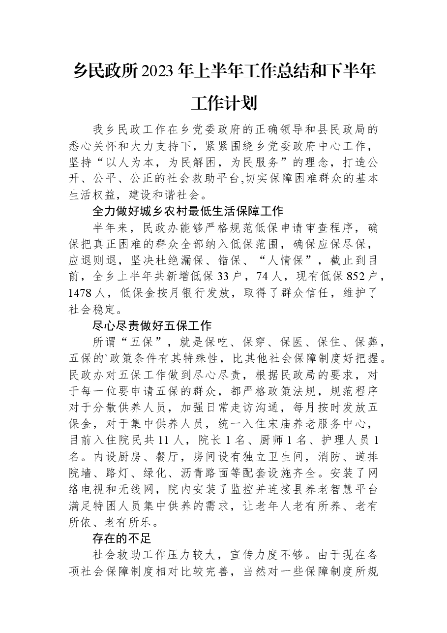 乡民政所2023年上半年工作总结和下半年工作计划.docx,第1页预览