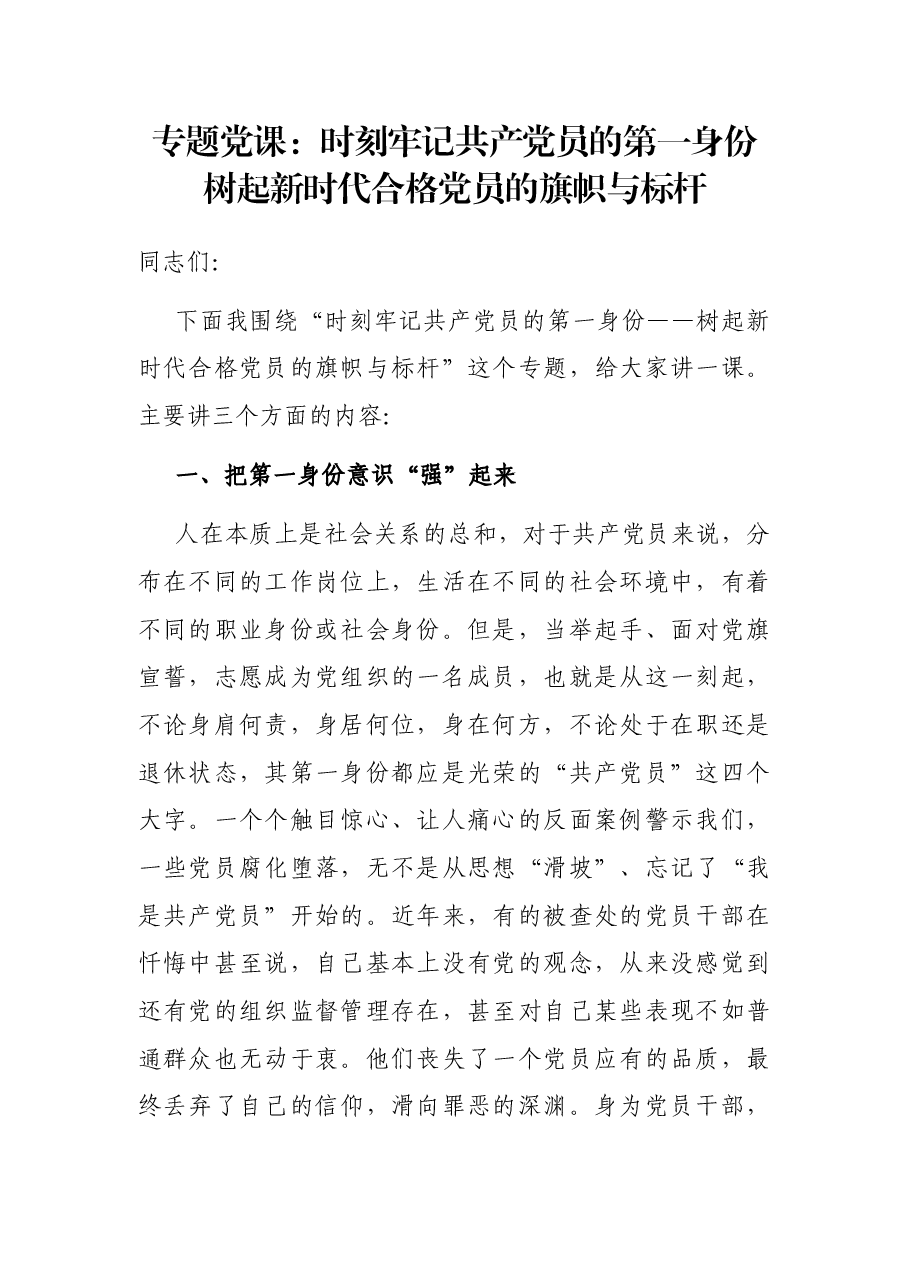 专题党课:时刻牢记共产党员的第一身份 树起新时代合格党员的旗帜与标杆.docx,第1页预览