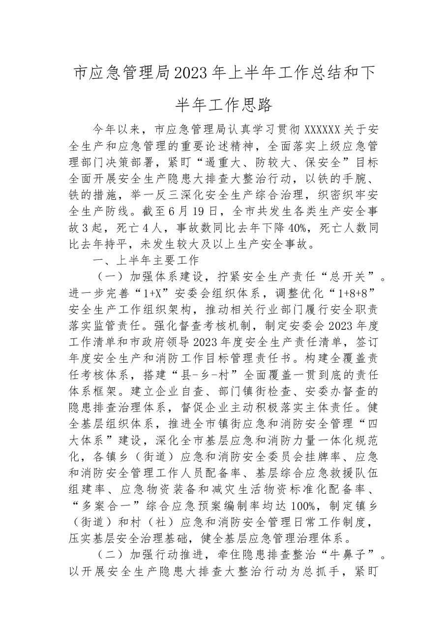 市应急管理局2023年上半年工作总结和下半年工作思路.docx,第1页预览