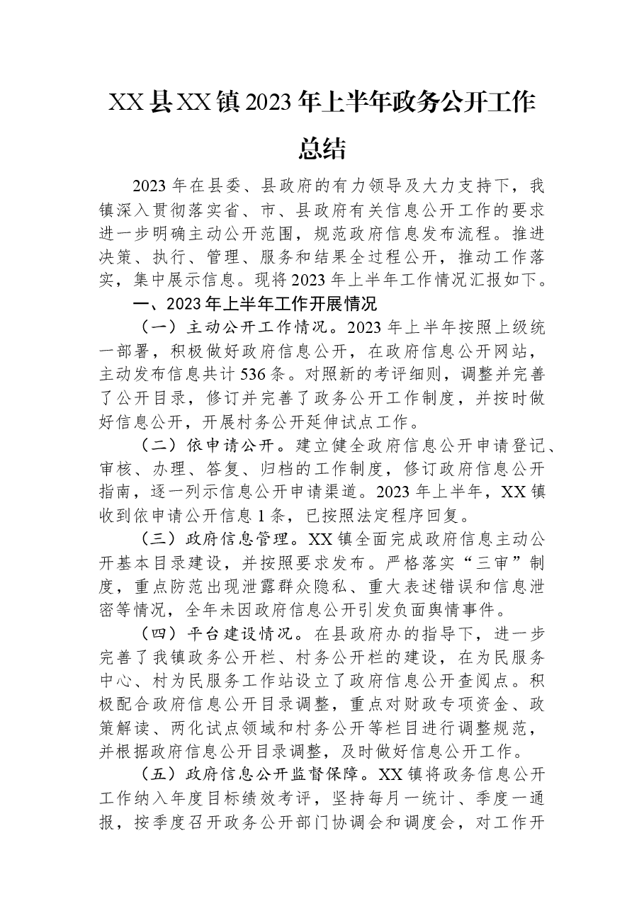 XX县XX镇2023年上半年政务公开工作总结.docx,第1页预览