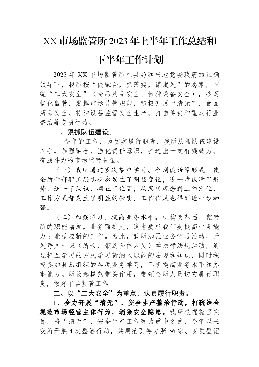 XX市场监管所2023年上半年工作总结和下半年工作计划.docx,第1页预览