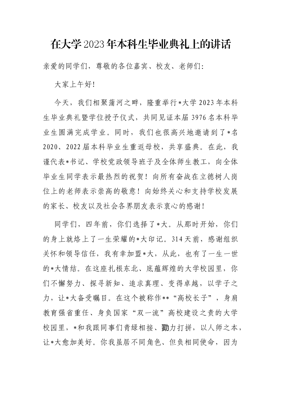 在大学2023年本科生毕业典礼上的讲话.docx,第1页预览
