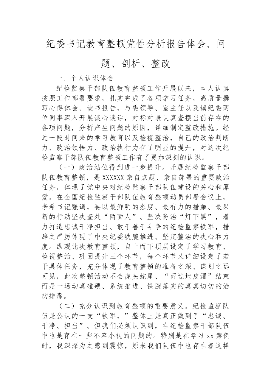 纪委书记教育整顿党性分析报告体会、问题、剖析、整改.docx,第1页预览