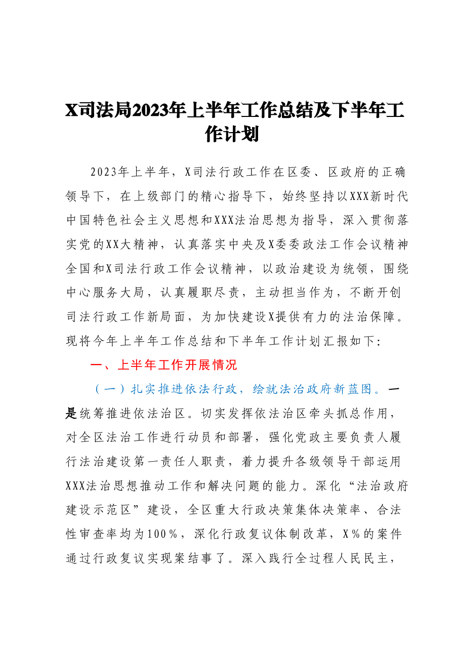 X司法局2023年上半年工作总结及下半年工作计划.docx,第1页预览