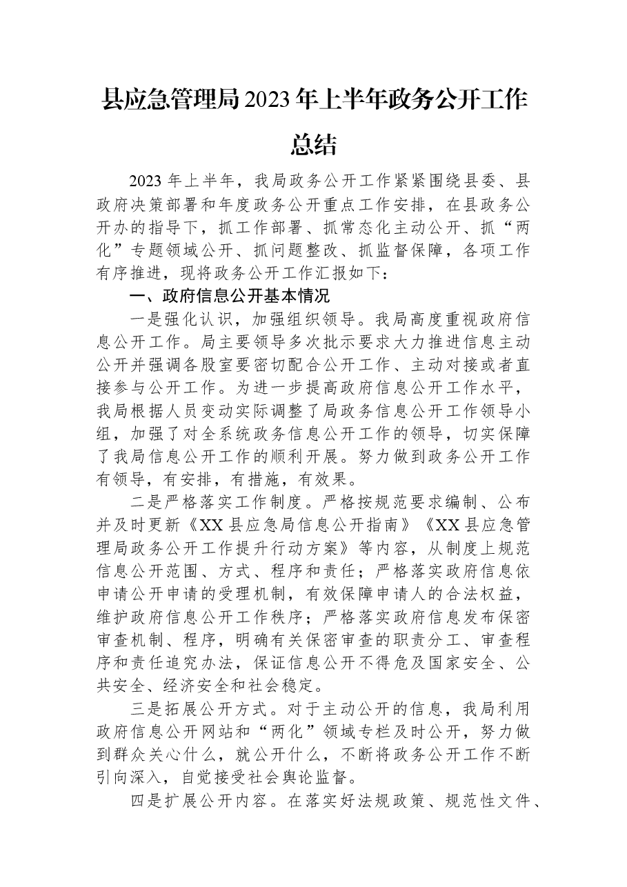 县应急管理局2023年上半年政务公开工作总结.docx,第1页预览