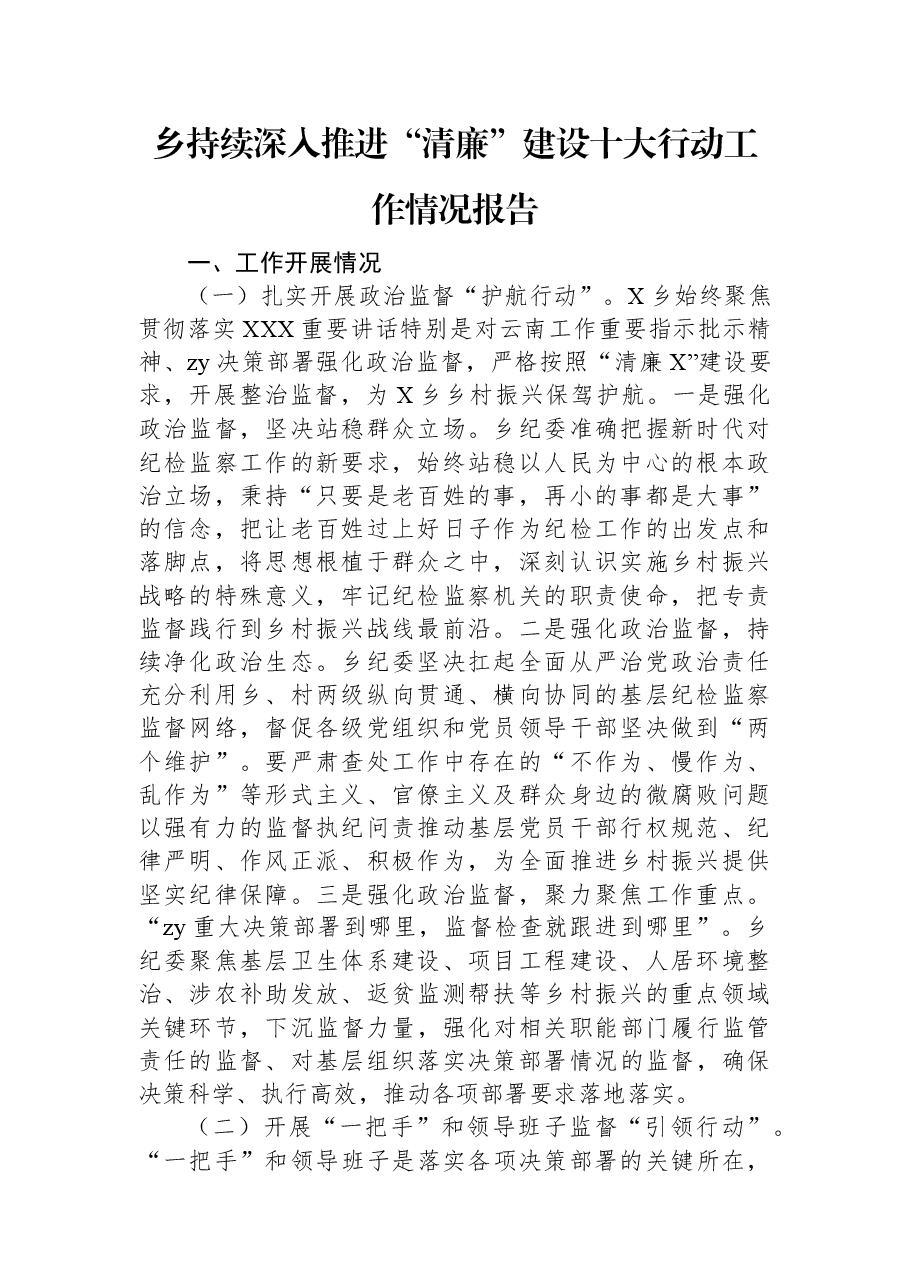 乡持续深入推进“清廉”建设十大行动工作情况报告.docx,第1页预览