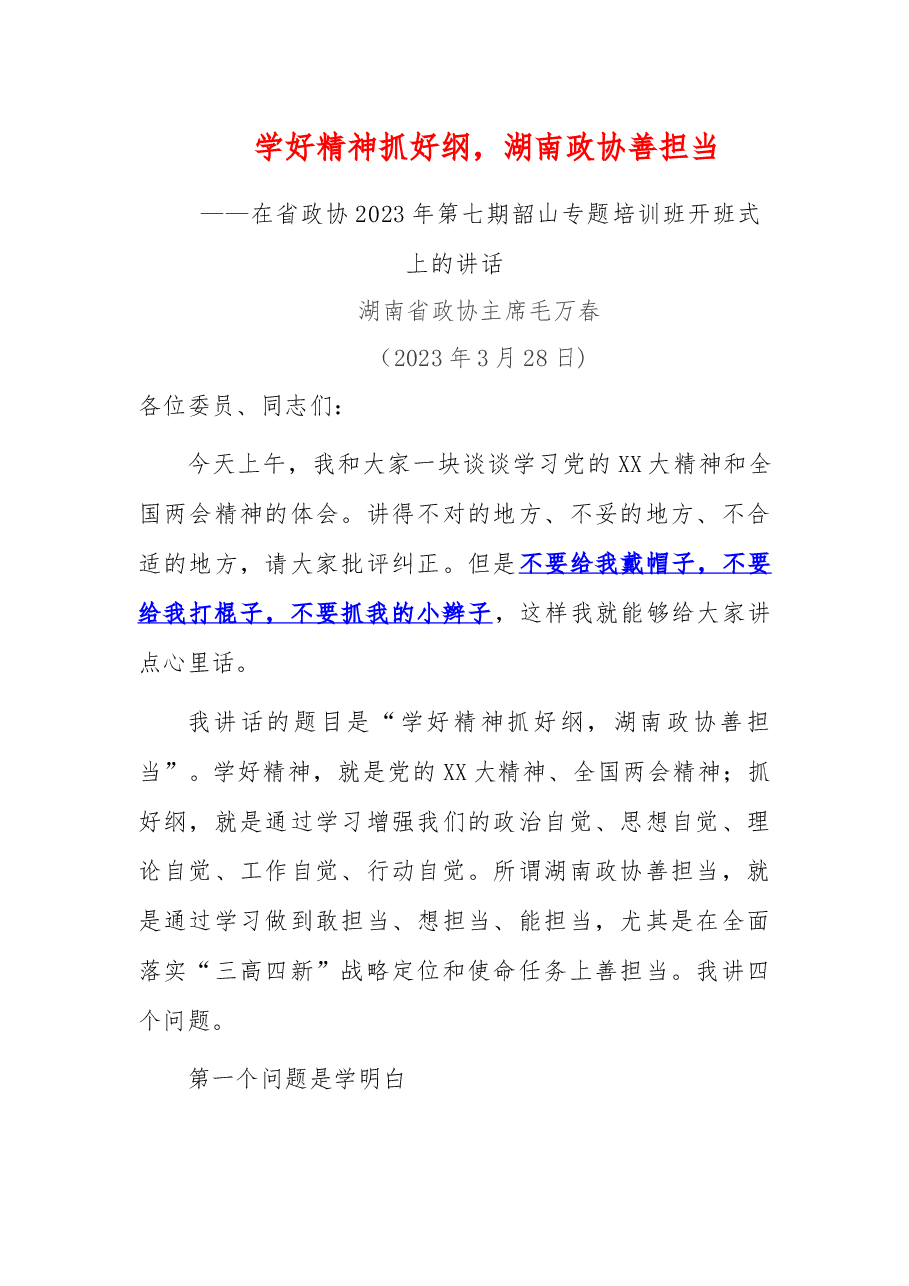 心得体会:学好精神抓好纲,湖南政协善担当.docx,第1页预览