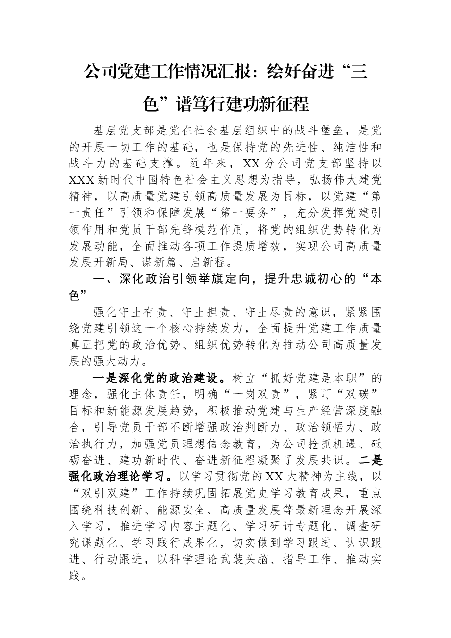 公司党建工作情况汇报:绘好奋进“三色”谱 笃行建功新征程.docx,第1页预览