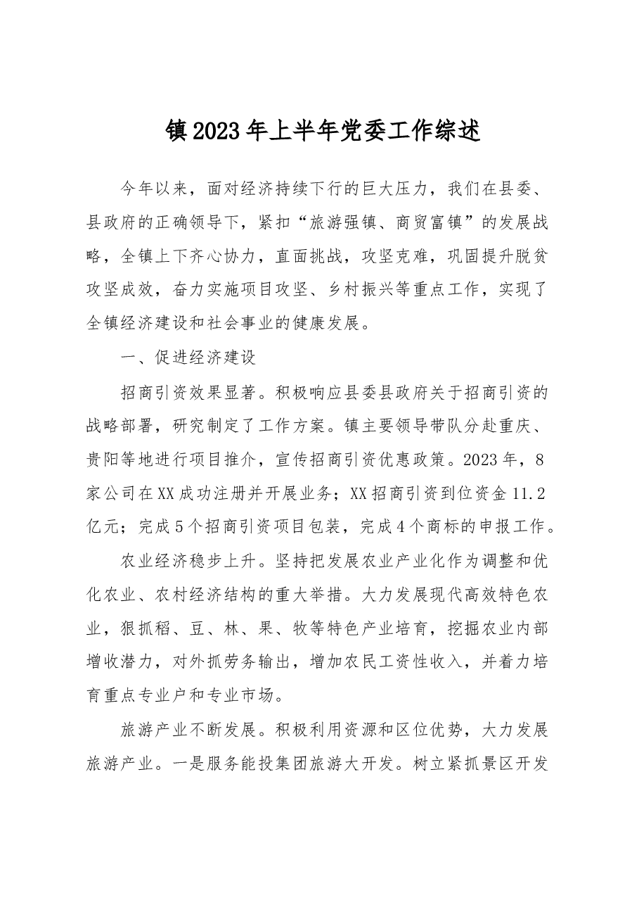 镇2023年上半年党委工作综述.docx，第1页预览