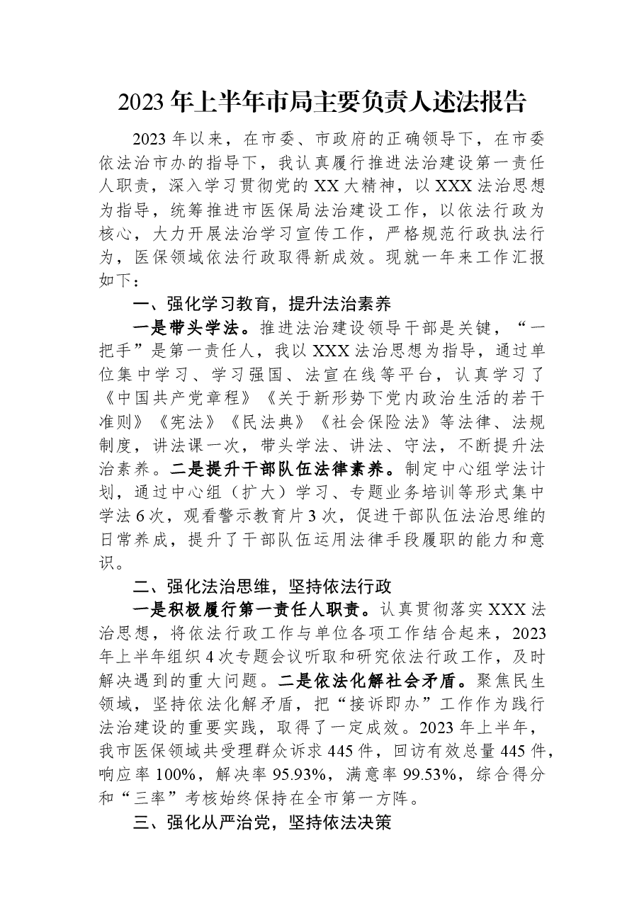 2023年上半年市局主要负责人述法报告.docx,第1页预览