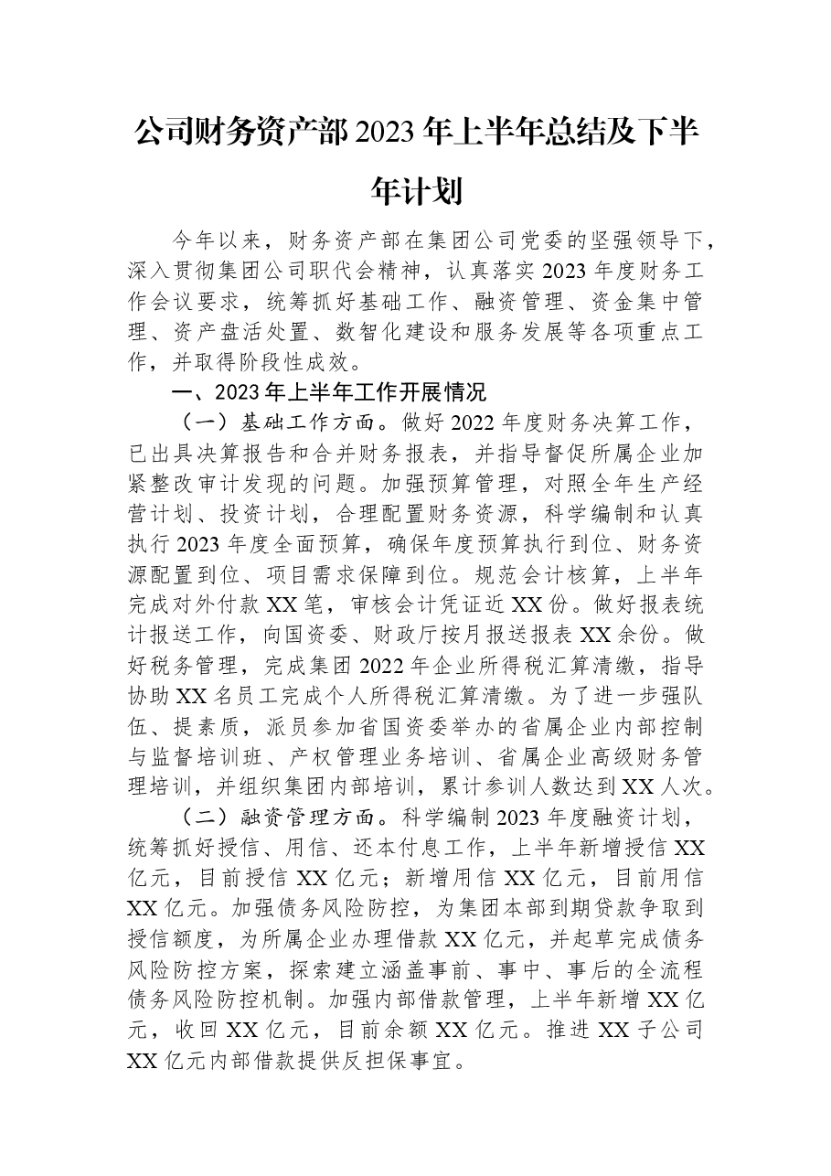 公司财务资产部2023年上半年总结及下半年计划.docx，第1页预览