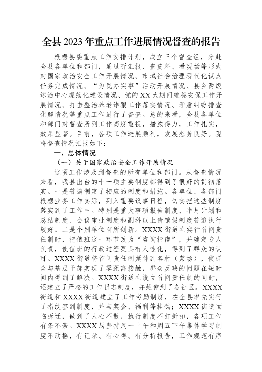 全县2023年重点工作进展情况督查的报告.docx,第1页预览