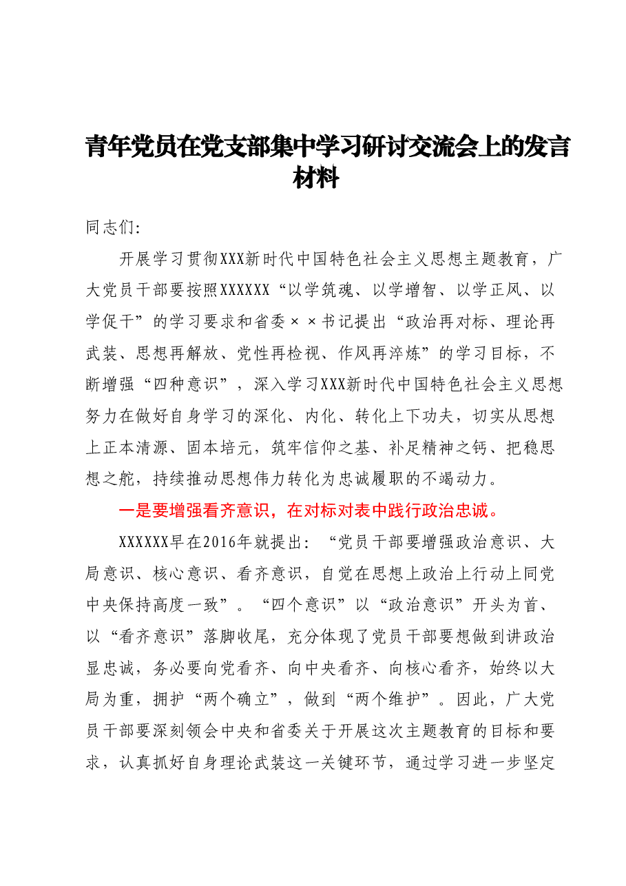 青年党员在党支部集中学习研讨交流会上的发言材料.docx，第1页预览