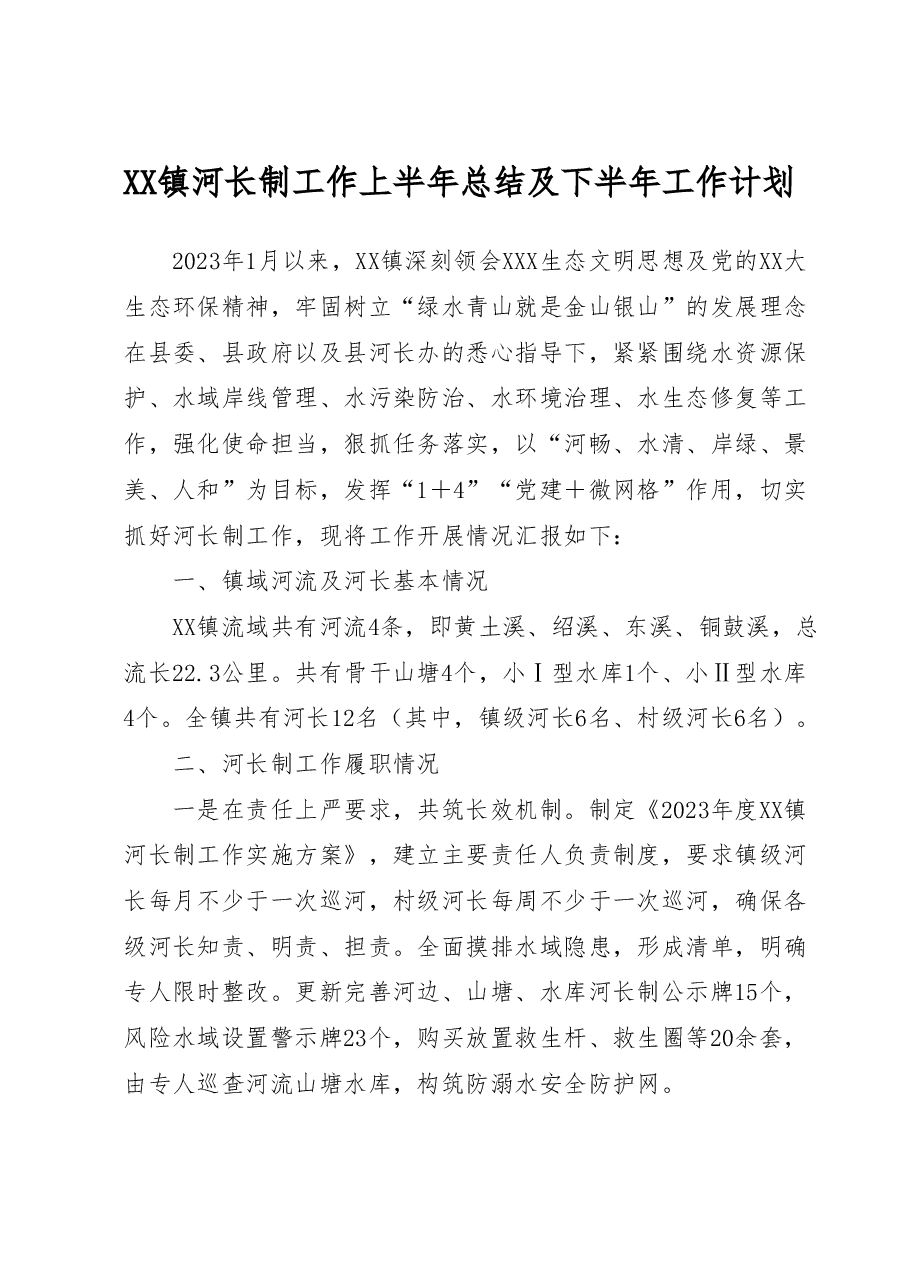 XX镇河长制工作上半年总结及下半年工作计划.docx，第1页预览