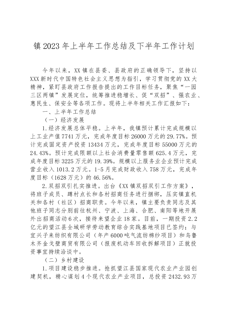X镇2023年上半年工作总结及下半年工作计划.docx,第1页预览