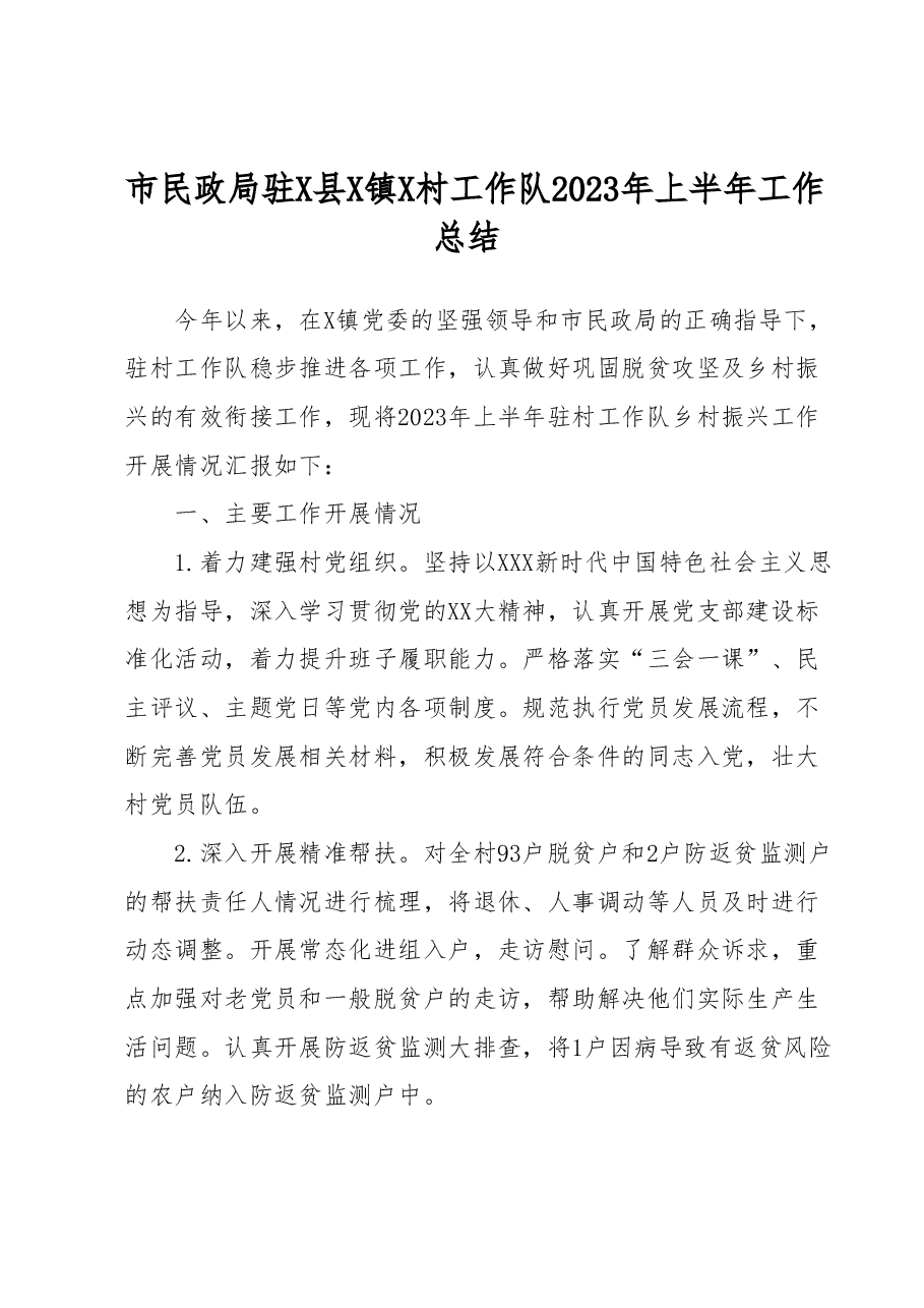 市民政局驻X县X镇X村工作队2023年上半年工作总结.docx,第1页预览