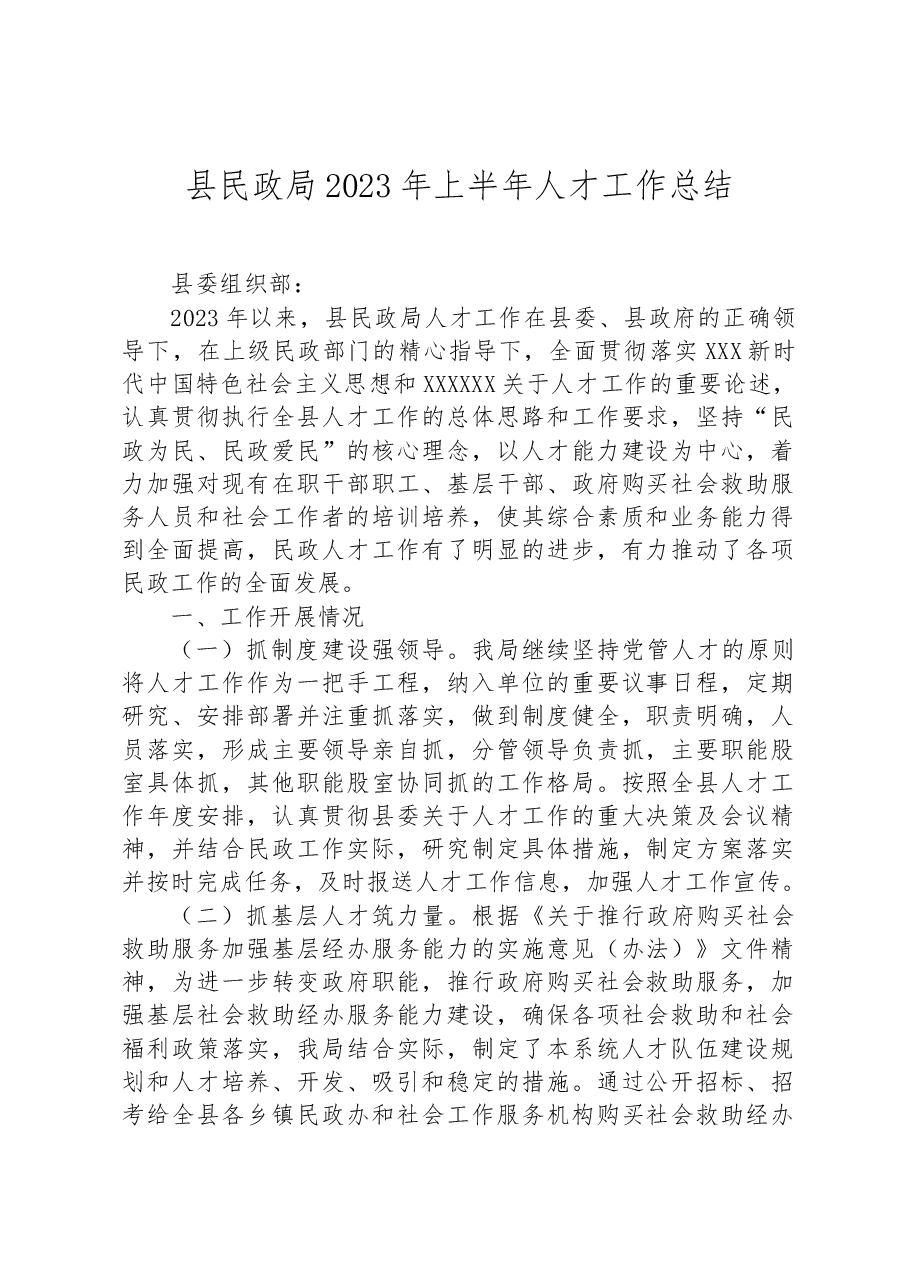 县民政局2023年上半年人才工作总结.docx，第1页预览