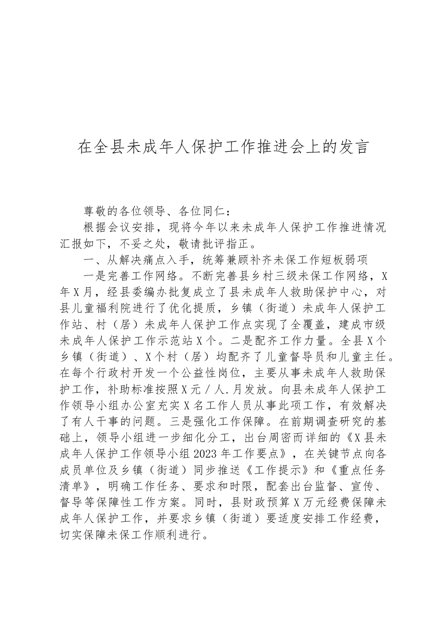 在全县未成年人保护工作推进会上的发言.docx,第1页预览
