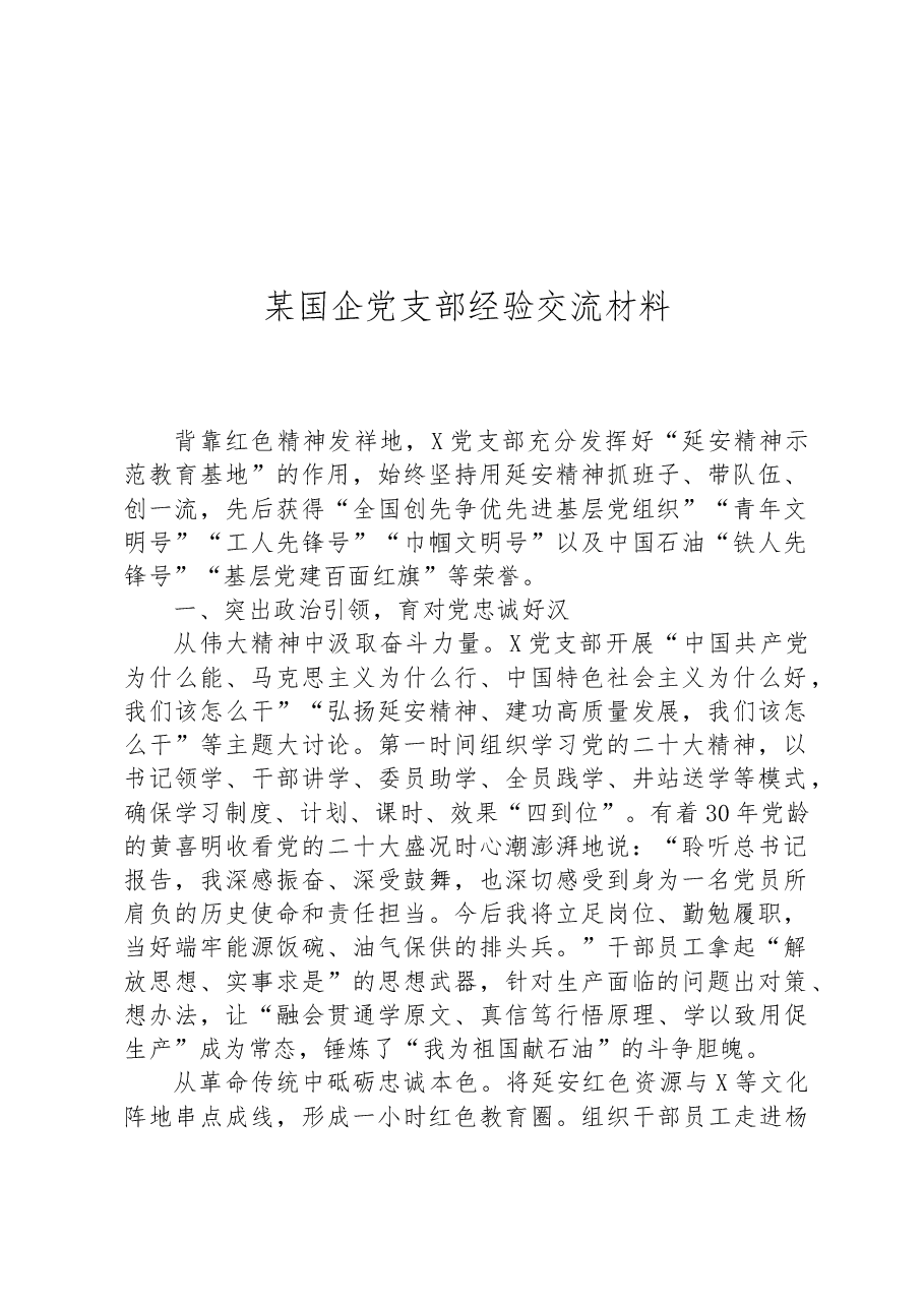 某国企党支部经验交流材料.docx,第1页预览