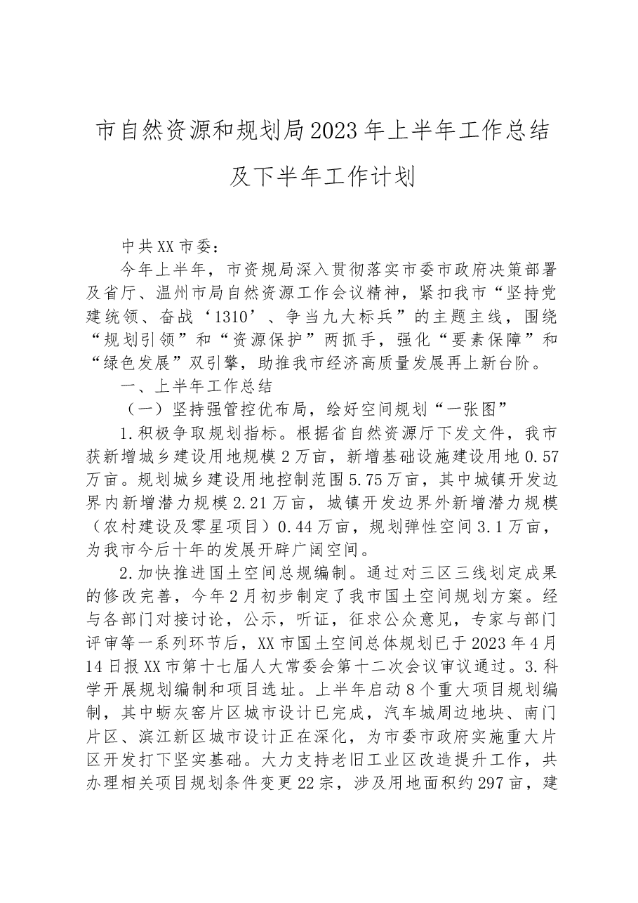 市自然资源和规划局2023年上半年工作总结及下半年工作计划.docx,第1页预览