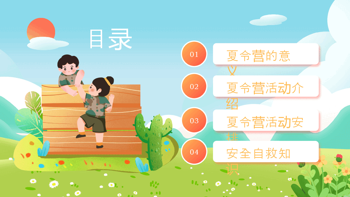 蓝色绿色卡通插画暑假夏令营动态PPT.pptx，第2页预览