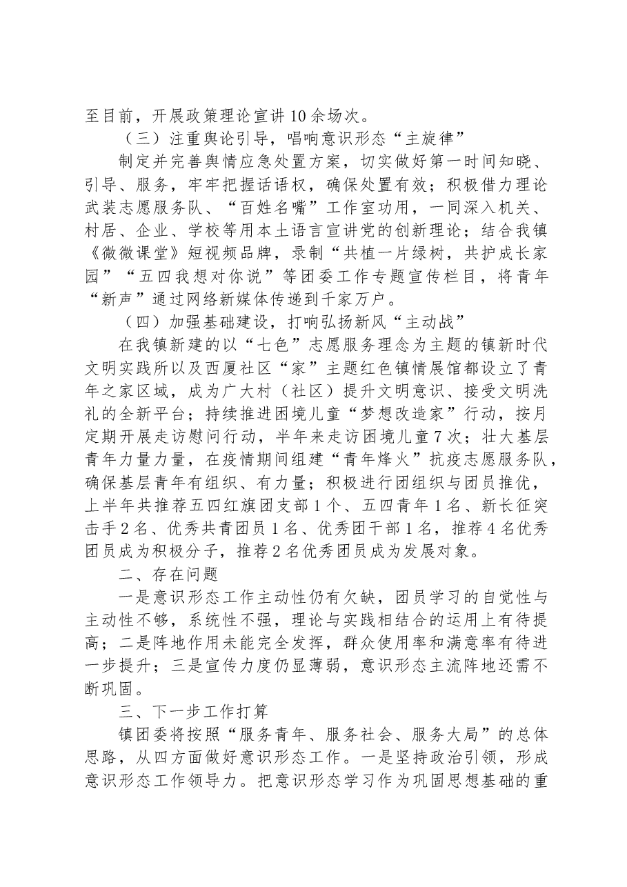 镇团委2023年上半年意识形态工作情况汇报.docx,第2页预览