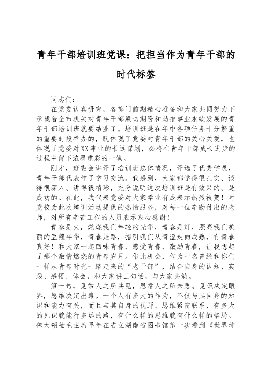 青年干部培训班党课：把担当作为青年干部的时代标签.docx，第1页预览