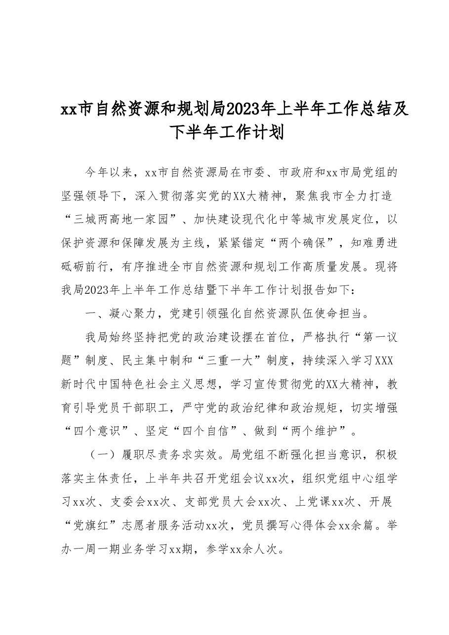 xx市自然资源和规划局2023年上半年工作总结及下半年工作计划.docx,第1页预览