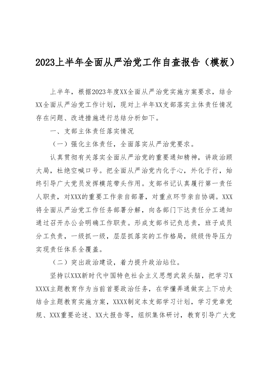 2023上半年全面从严治党工作自查报告(模板).docx,第1页预览